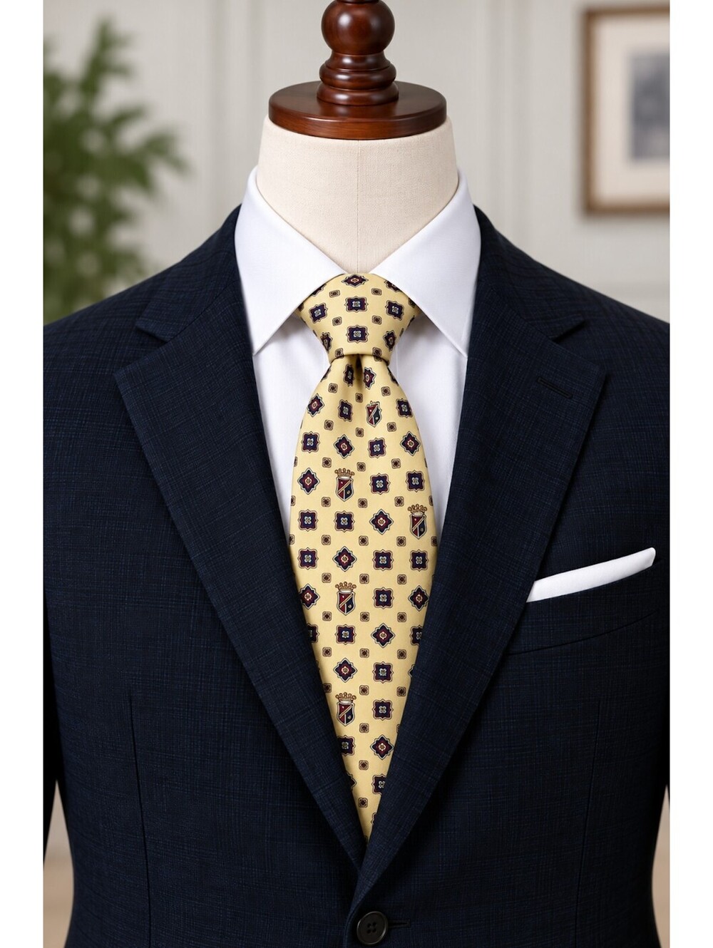 Vintage Crest Patterned Silk Tie Yellow Navy